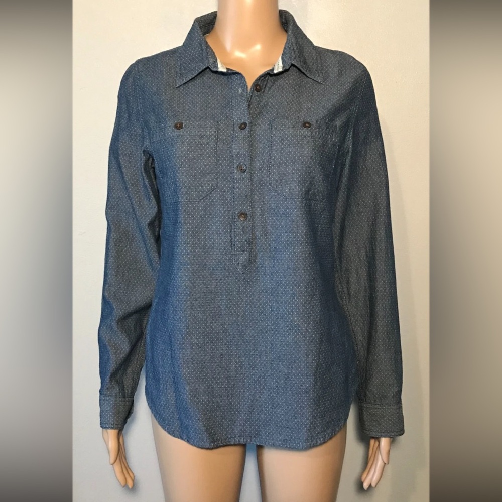 Toms Women's Shirt Size S/P Blue Long Sleeve Collared 1/2 Button Closure Cotton
